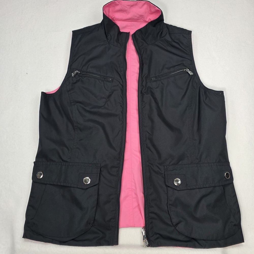 Lauren Ralph Lauren Reversible Vest Women Medium Black Pink Full Zip Utility EUC